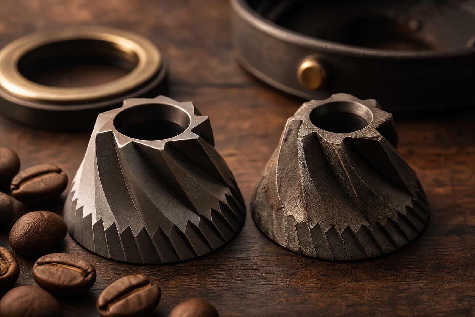 Conical coffee grinder burrs, one visibly worn