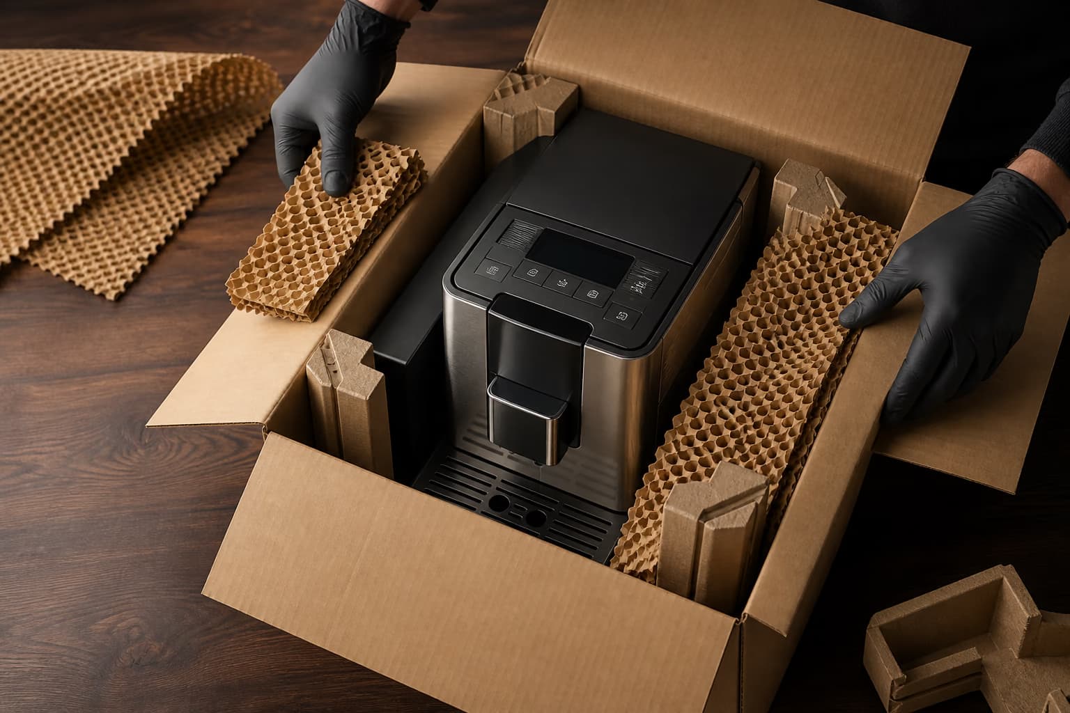 Coffee machine being secured in a box for shipping