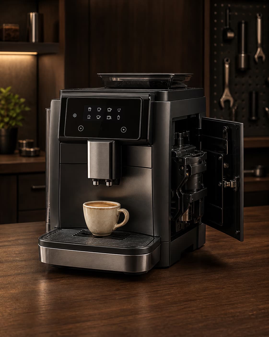 Automatic coffee machine with a cup and an open service door