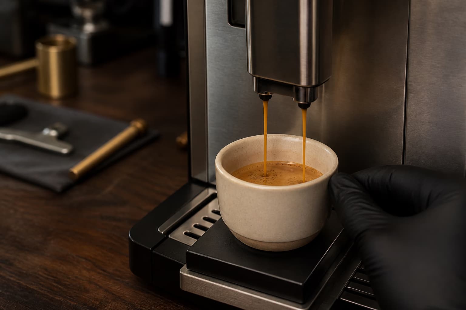Final coffee brewing test after servicing a coffee machine